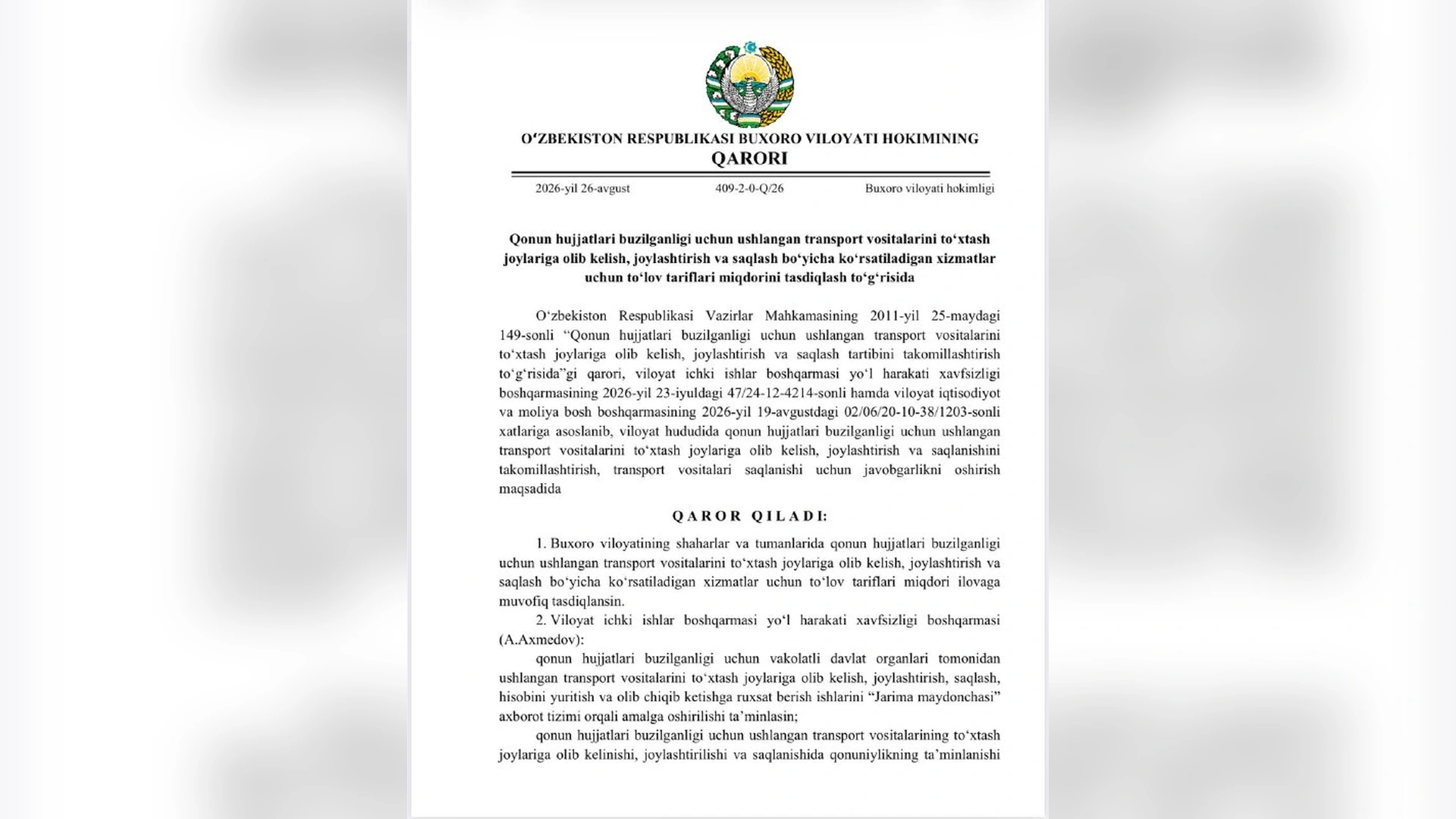Buxoro viloyati hokimining transport vositalari bo‘yicha qarori, birinchi sahifa