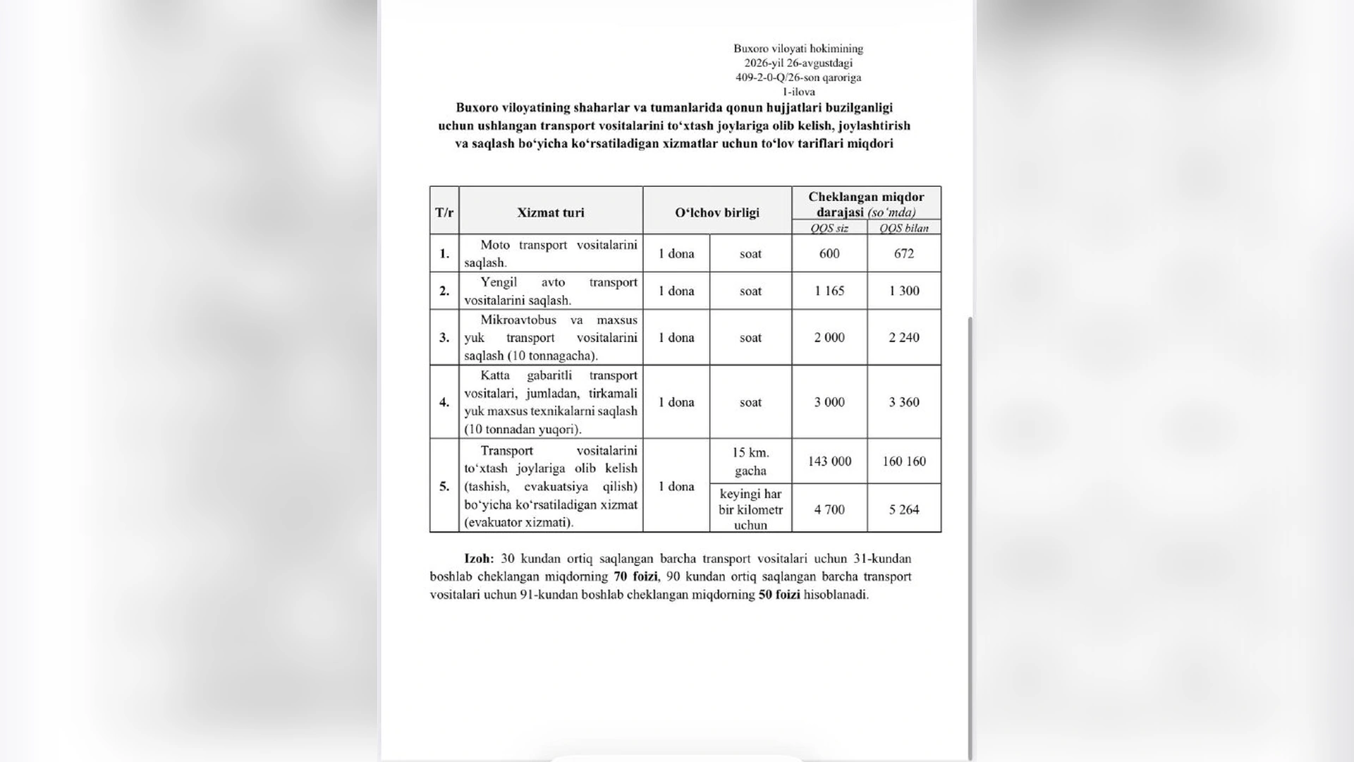 Evakuatsiya va saqlash xizmatlari tariflari jadvali